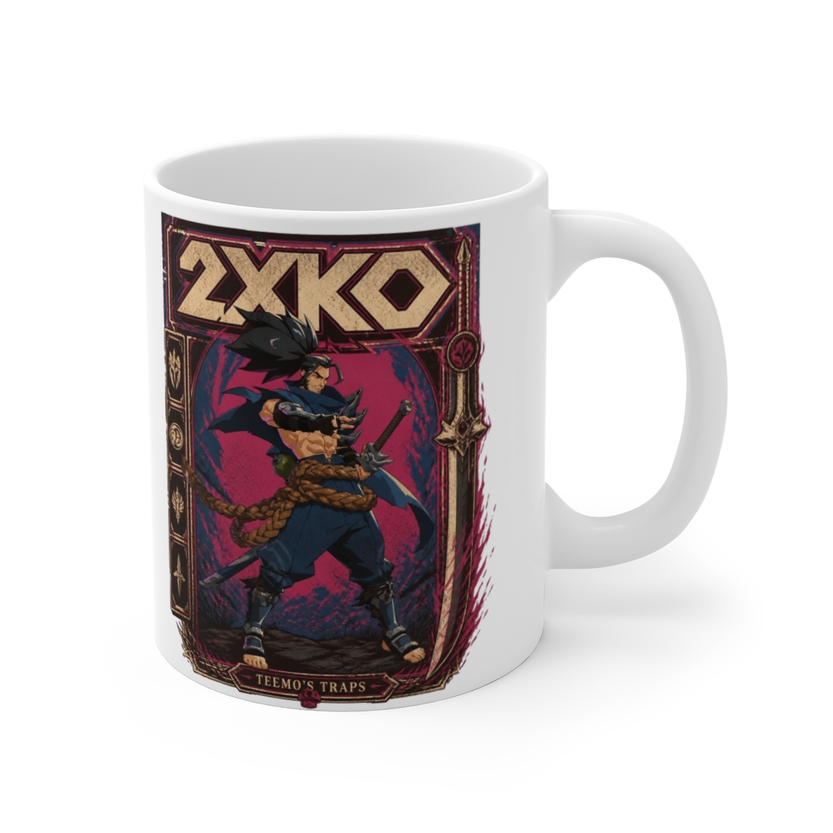 2XKO " in bold retro typography at the top center. " White Mug
