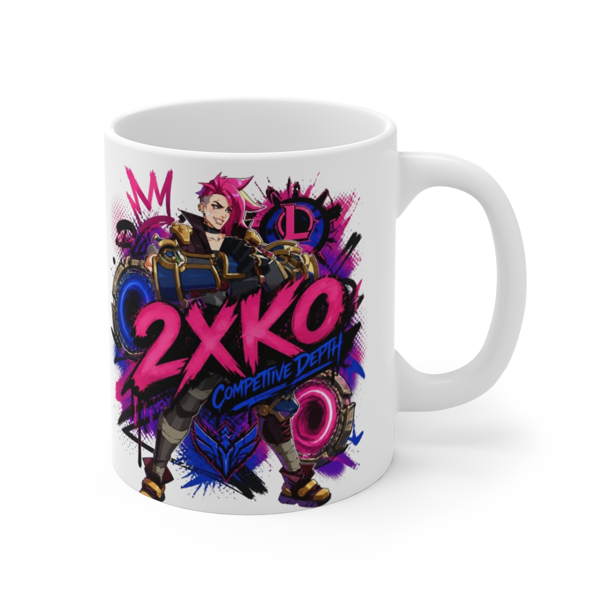 2XKO " in bold graffiti-style font at the center. " White Mug